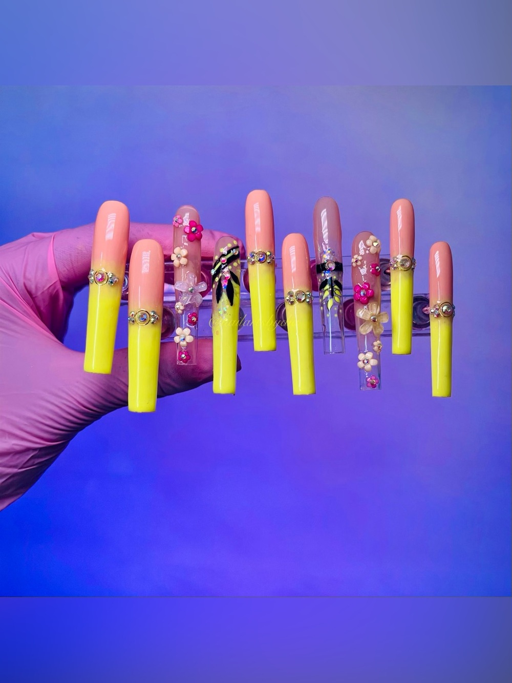 Neon Yellow & Peach Floral Acrylic press-on Nail Set